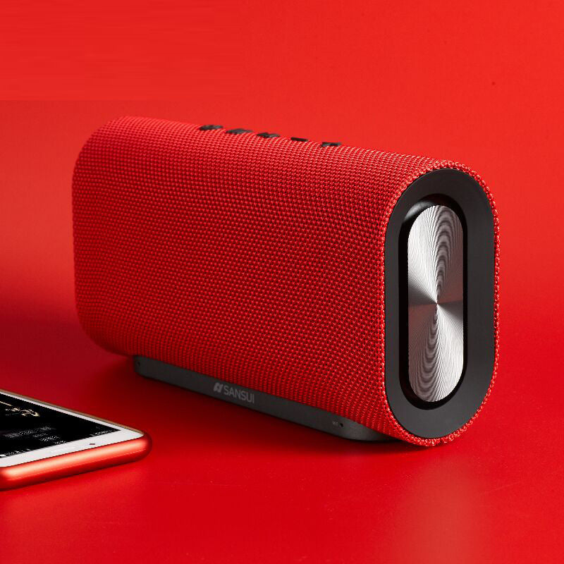 SANSUI Wireless Bluetooth Speaker in red, featuring subwoofer stereo and 8-hour battery life for versatile use.