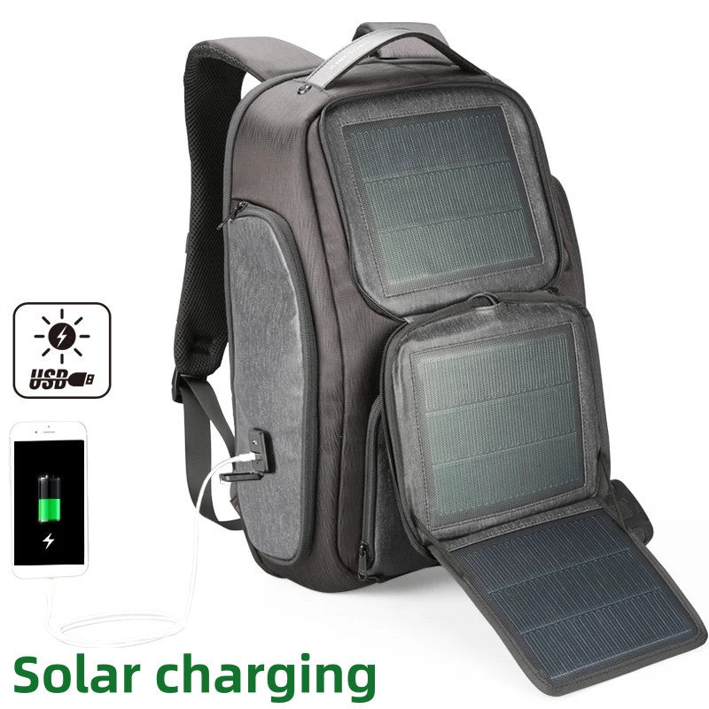 Stylish Solar Charging Business Backpack with solar panels, multiple pockets, and durable, waterproof material.